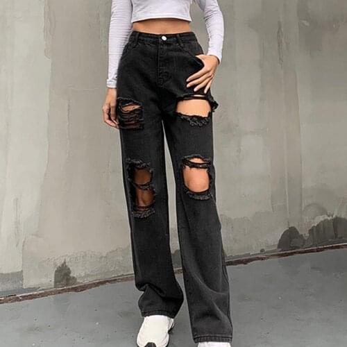 Casual Women Denim Pants Loose Long Trousers High Waist Straight Ripped Jeans Button Closure High Waist Ripped Jeans Women