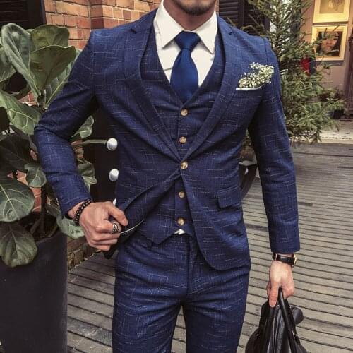 Luxury Deep Blue Slim Fit Men Suits For Wedding Plaid Checked Jacket+Vest+Trousers Business Office Working Blazer Grooms Coat
