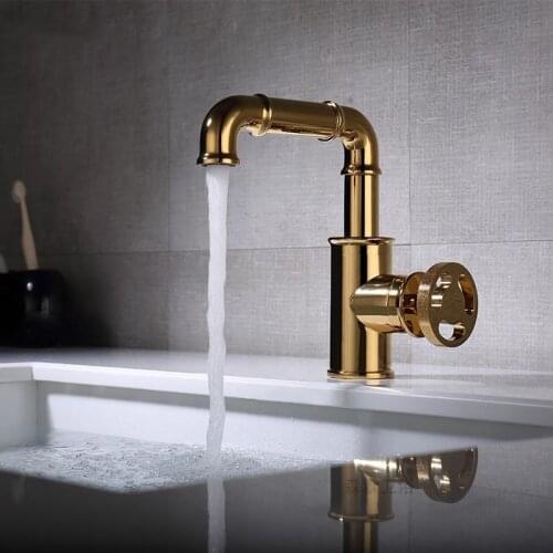 Industrial style 100% brass Gold bathroom sink faucet cold hot basin mixer tap Round Handle single hole top quality faucet