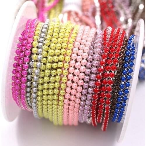 Wedding Decoration 1Yard/bag Colored Pearls Rhinestones Silver Base Cup Chain For Sewing DIY Corsage/Bags/Clothing Accessories