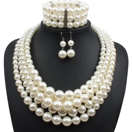 Nigerian Wedding Indian Beads Necklace Earring Bracelet Sets Statement Collar Simulated Pearl Jewelry Set