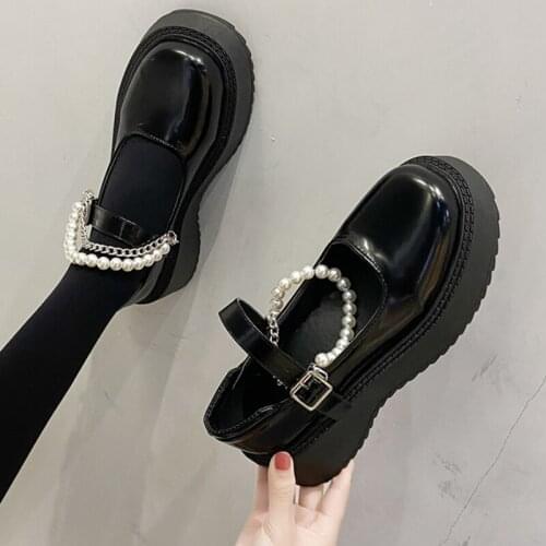 Lolita Shoes Woman 2021 Autumn Fashion Pearl Chain Platform Shoes Women High Heels Japanese Retro Mary Jane Small Leather Shoe