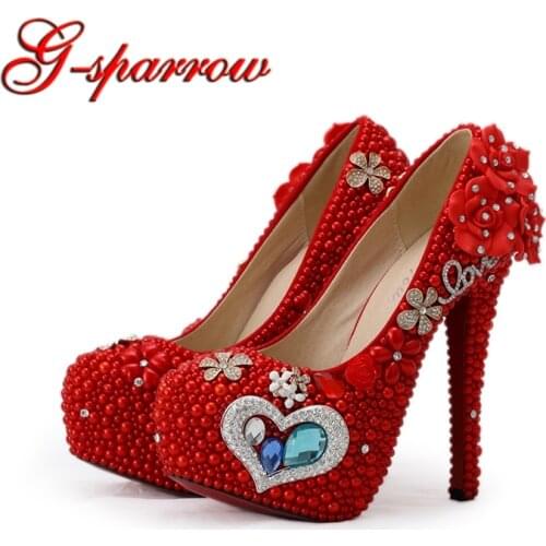 Gorgeous Red Pearl Wedding Bridal Shoes Mother of the Bride Shoes Red Color Woman High Heels with Blue Crystal Plus Size