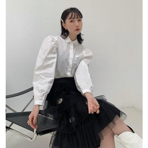 Vintage Puff Sleeve white Korean Women Blouse Spring Long-Sleeved Girl Doll Collar Designer Top Fashion 2021