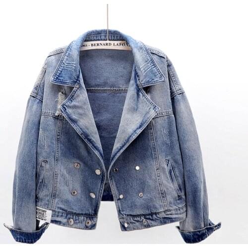 High quality Suit collar Denim Jacket Women Outerwear Loose Vintage Printing Long sleeve Short Coat Casual Female Jeans Tops