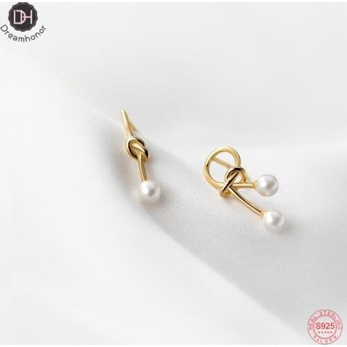 Dreamhonor Asymmetric Hollow Rope Knot Synthetic Pearl Stud Earrings for Women 925 Sterling Silver Wedding Jewelry