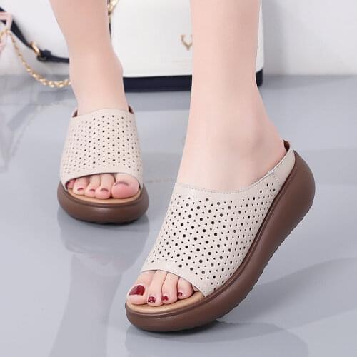 Apanzu Womens Thick bottom Slides Ladies Leather Hollow Out Slippers 2021 Summer Solid Half Slip-On Outdoor Slides For Femal