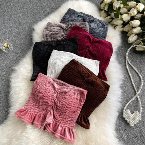 SINGREINY Summer Retro Velour Strapless Tops Women Elastic Ruched Slim Short Tube Tops Summer Sexy Off Shoulder Short Crop Tops