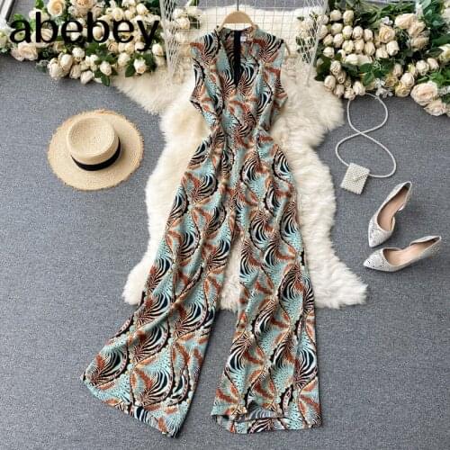 Women Retro Print Tank Rompers Korean Fashion V Neck Sleeveless Jumpsuits Summer Casual Beach Wide Leg Long Rompers