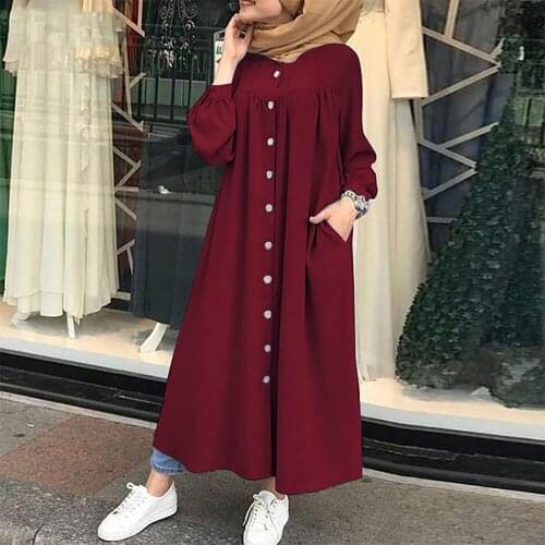 Plus Size Fashion Muslim Dresses Woman Buttons Shirt Dress Long Sleeve Maxi Abayas for Ladies Solid Color Casual Vestido Femme
