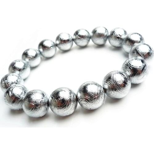 14mm Natural Gibeon Iron Meteorite Moldavite Bracelet For Women Lady Men Energy Round Beads Strands Silver Crystal Jewelry AAAAA
