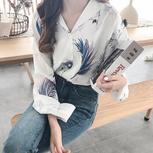 2020 High Collar Blouse Fashion Ladies Floral Long Sleeve Casual Shirt Top Loose Sleeve Printed Neck Blouse Shirt Top