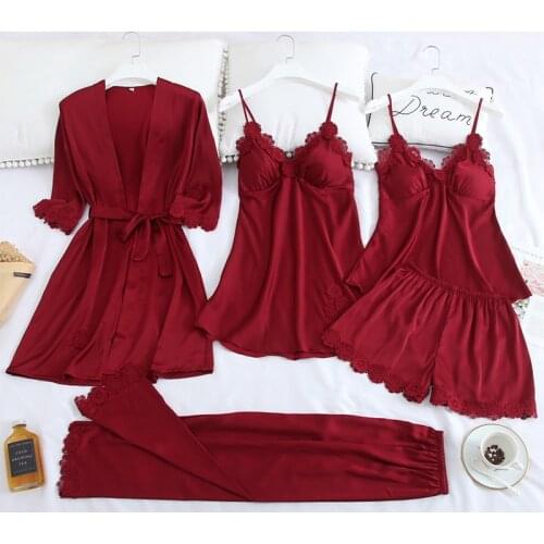 5PCS Pajamas Set Burgundy Womens Satin Lace Sleep Pijama Home Nightie Sexy V-Neck Bathrobe Spring Wear Robe Gown Suit Sleepwear