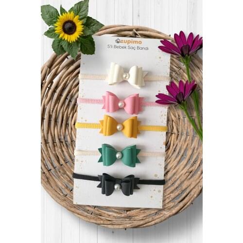 5 Pieces Elastic - Non-Trace Newborn Headband Made of Quality Faux Leather - Gift Very Flexible Baby Girl Bandana Set