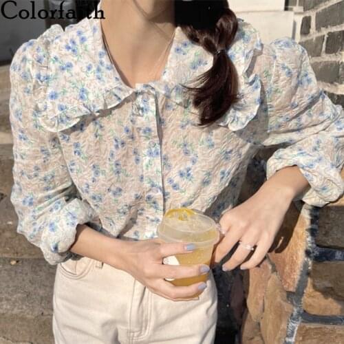 Colorfaith New 2021 Women Spring Summer Blouses Shirts Korean Style Peter Pan Collar Floral Vintage Fold Wild Lady Tops BL6325