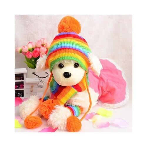 COOLFIELD Rainbow,Pint,Yellow Winter Warm Stripe Knitted Pet Cat Dog Hat Scarf Socks Puppy Costume Clothes 3 pcs XXS/XS/S/M/L