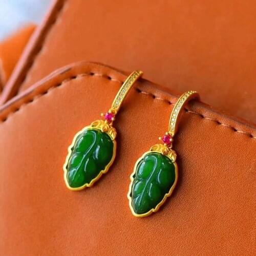 Designer original new natural Hetian jade spinach green leaf plant earrings atmospheric wild lady silver jewelry