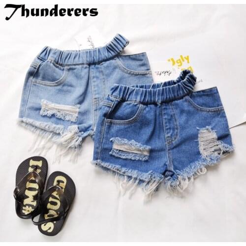 Thunderers Casual Summer Kids Short Jeans Irregular Ripped Holes Children Short Pants Tassel Girls Boys Clothes Size 18M-6Y