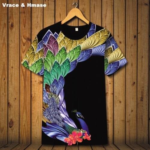 Chinese style Exquisite peacock pattern personality creative short sleeve t-shirt Summer 2018 fashion quality t shirt men S-6XL
