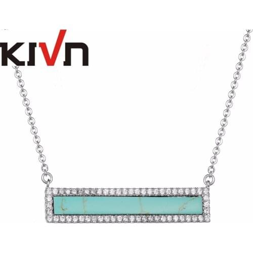 KIVN Fashion Jewelry Rectangle Bar Pave CZ Cubic Zirconia Blue Stone Pendant Necklaces for Women Girls Promotion Birthday Gifts