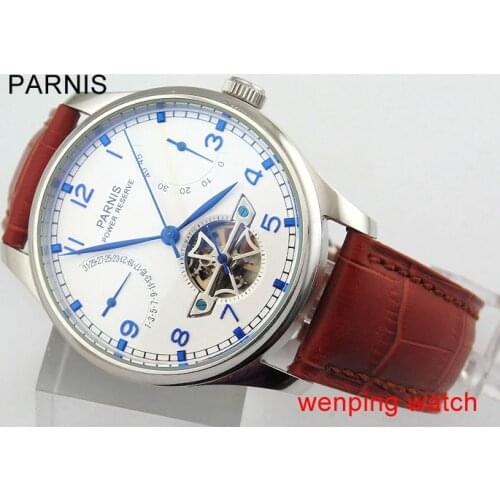 Parnis 43mm white dial steel case Power Reserve automatic mens watch E388