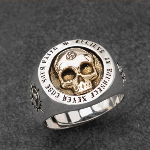 Punk Skull Rings For Men Vintage S925 Sterling Jewelry Hippop Street Culture Gothic Skull Biker Rings Adjustable