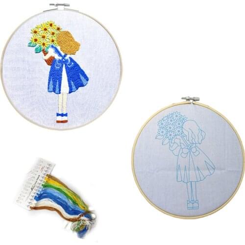 Girl with Flower DIY Embroidery Kit Pattern Printed Cross Stitch Embroidery Hoop Needlework Sewing Art Painting Home Decor