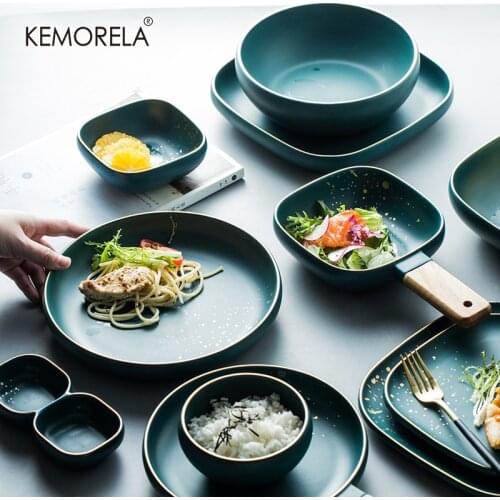 High Fashion Retro Green Nordic Ceramic Tableware Set Dinnerware Set Bowl Plate Soup Bowl Set Modern Style High-end