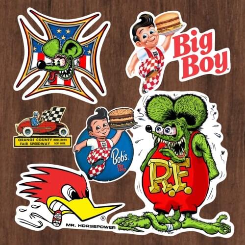 10PCS Locomotiv RF rat fink Big boy Moon Mooneyes route 66 rock and roll vintage style stickers for motorcycle helmet wholesale