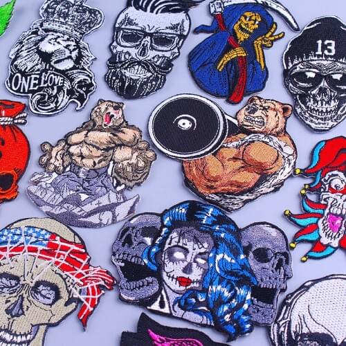 Punk Patch Lion Bear Embroidered Badge Rock Biker Patches On Clothes Iron On Patches For Clothing Applique Stripe For Jacket DIY