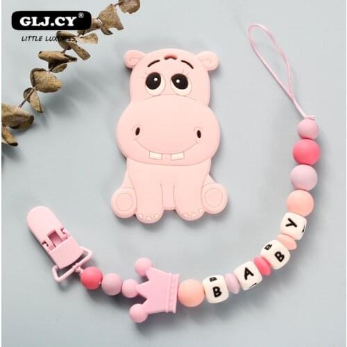 Personalized Name Handmade Pacifier Clips Holder Chain Silicone Pacifier Chains Hippo Baby Teether Teething Chain toy 1set