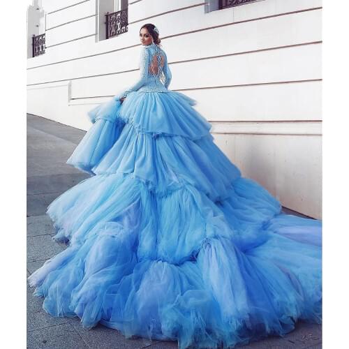Amazing Blue Evening Dress 2020 Luxury Tiered Long Train Extra Puffy Tulle Prom Dresses Long Sleeve High Neck Lace Formal Gown