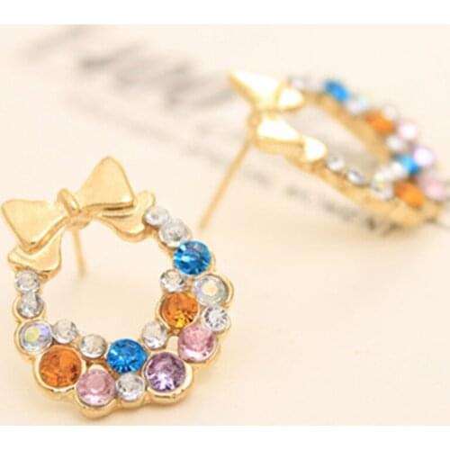 Golden Bow Fancy Crystal Bowknot Hollow Stud Earrings for Women Ear Piercing Jewelry