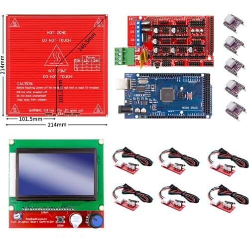 Ramps 1.4 Kit with Mega 2560 r3 + Heatbed MK2B + 12864 LCD Controller + DRV8825 +Mechanical Switch +Cables for 3D Printer
