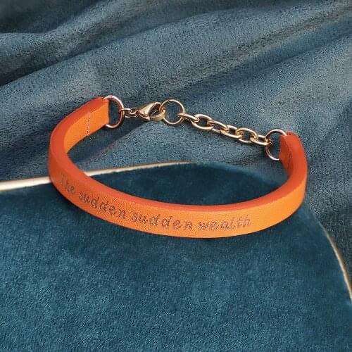 Orange Personalized Adjustable Leather Bracelet Cuff- English Customized Engraved Gift for Wife mon father teacher Bracelet 66MM