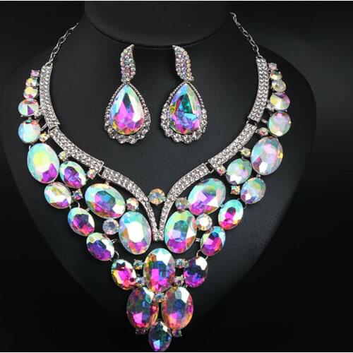 Luxury Jewelry Elegant Water Drop Shape Crystal Rhinestones Necklace Earrings Set For Women Bridal Wedding Prom Jewelry Sets New