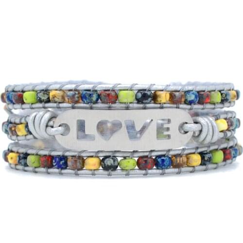 Silver Love Bracelet Jewelry Handmade Wrap Bracelet Natural Stone Jasper 3 Strands Leather Rope Woven Bracelet