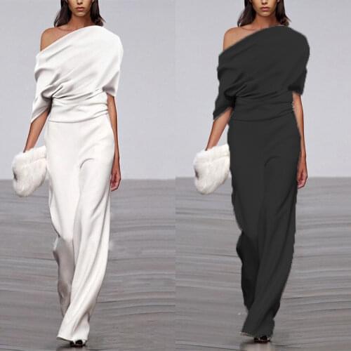 Chiffon Women Bodysuit Trousers Straight Short-sleeve Diagonal Collar Office Lady Clothes Jump Suits Solid Casual Pants Jumpsuit