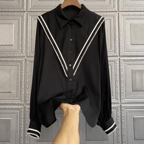 Black Mulberry Silk Top Silk Shirt Women Fashion Print Collar Spring Summer Loose Long-sleeved Top Silk Shirt Women