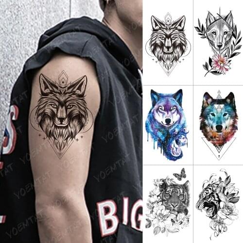 Waterproof Temporary Tattoo Sticker Lion Wolf Flash Tattoo Tiger Flowers Fox Body Art Arm Water Transfer Fake Tattoo Women Men