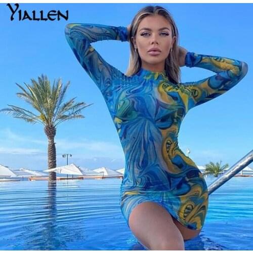 Yiallen Summer Y2K Women Print Gauze Turtleneck Casual Sexy Club Dress 2021 Elegant Streetwear Party Dress Bodycon Female Dress