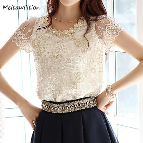 2021 New Summer Chiffon Blouse Shirt Korean Flower Embroidery Tops Women O-Neck Short Sleeve Tops Elegant Lace Office Shirts