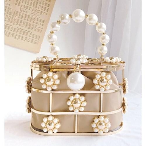 Womens Evening Clutch Bag Hollow Out Pearl Flowers Beaded Metallic Wedding Clutch Purse Mini Bucket Handbag for Party ZD1626