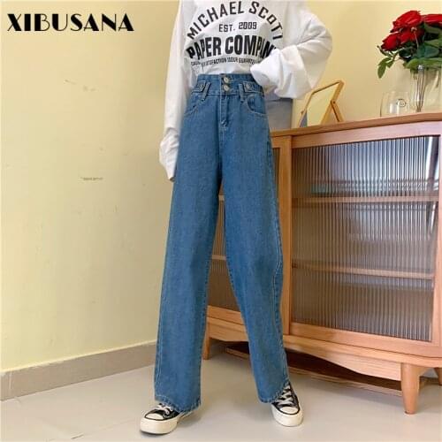 Women Wide Leg Jeans Trousers 2021 Spring Autumn New Solid High Waist Loose Vintage Straght Demin Long Pant Female Plus Size 4XL