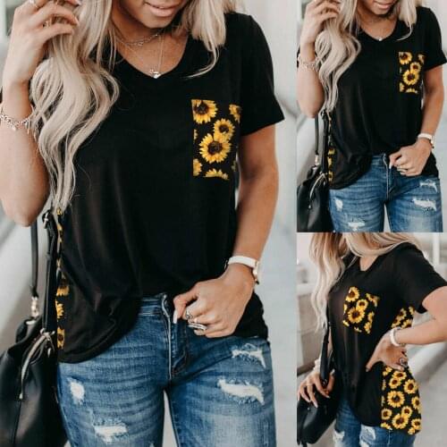 Home&Nest Womens V-neck Sunflower Printing Splicing Short Sleeve Shirts Tops Casual Loose Womens T-shirts Summer 2020 New