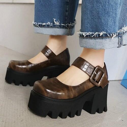 2021 New Women Pumps Fashion Buckle Mary Jane Shoes Women Square Toe Platform Shoes Summer Thick High Heel Dress Lady Pumps
