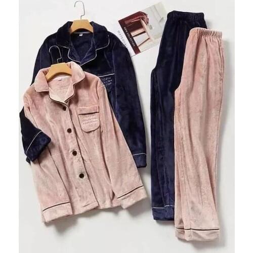 Ladies Winter Flannel Pajamas Suit Coral Fleece Thick Warm Home Clothes Long-Sleeved V-Neck Loose Top Stretch Casual Wear Suit