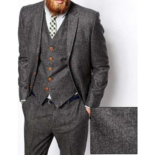 2021 Formal Business Men Suits Tweed Herringbon Classic 3 Pies Groomsmen Grey Tuxedos for Wedding Blazer+Pants+Vest