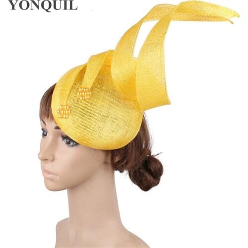 4-Layer Sinamay Yellow Millinery Wedding Fascinator Hats Fashion Hair Accessories Scraft Headpiece Headbands Church High Quality
