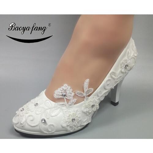 BaoYaFang White Lace Bridal wedding shoes Round Toe High heel Ladies Pumps shoes sweet flower platform shoes woman party Pumps